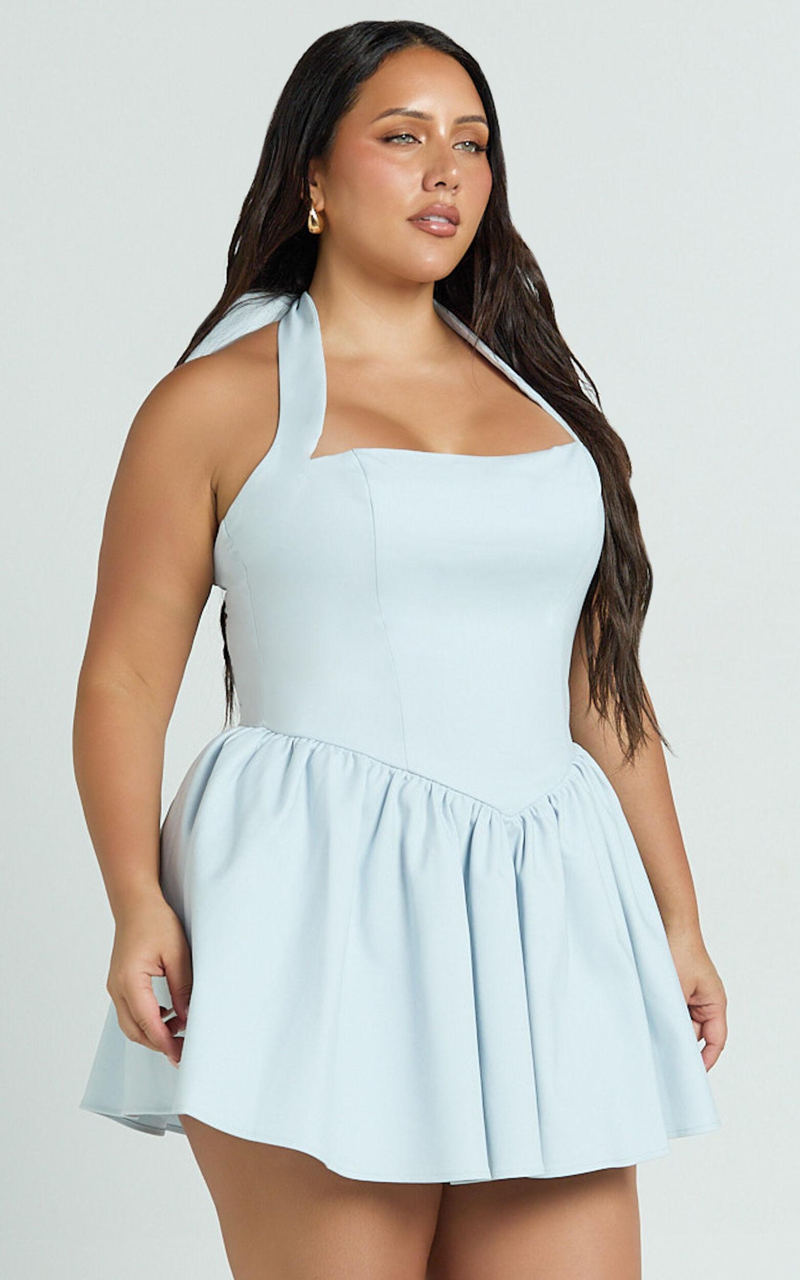 Helda Mini Dress - Halter Tie Neck Corset Panel Dress in Blue Product Image