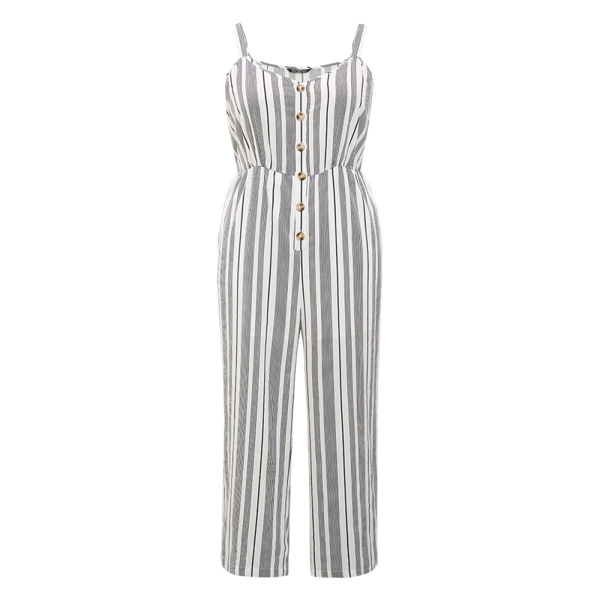 Plus Size White Striped Print Button Pocket Detail Cami Jumpsuit Women Vacation Sleeveless Spaghetti Strap Dailywear Loose Jumpsuits BloomChic 28/5X Product Image