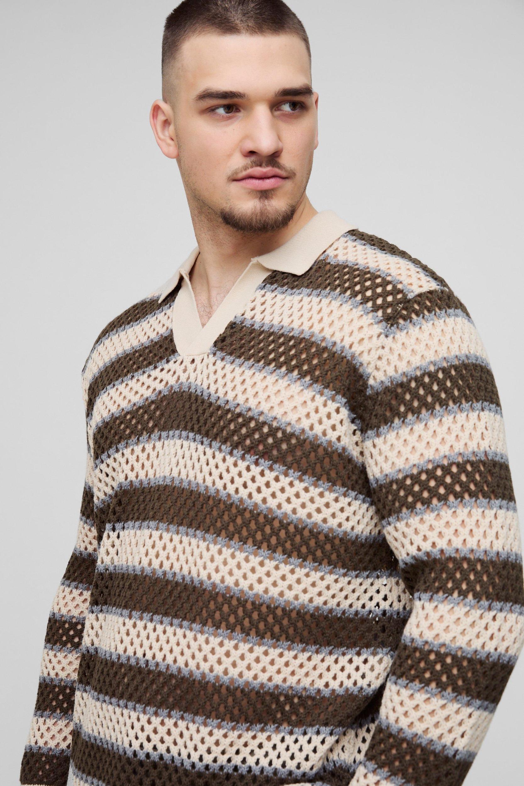 Tall Stripe Knitted Rugby Polo | boohooMAN USA Product Image