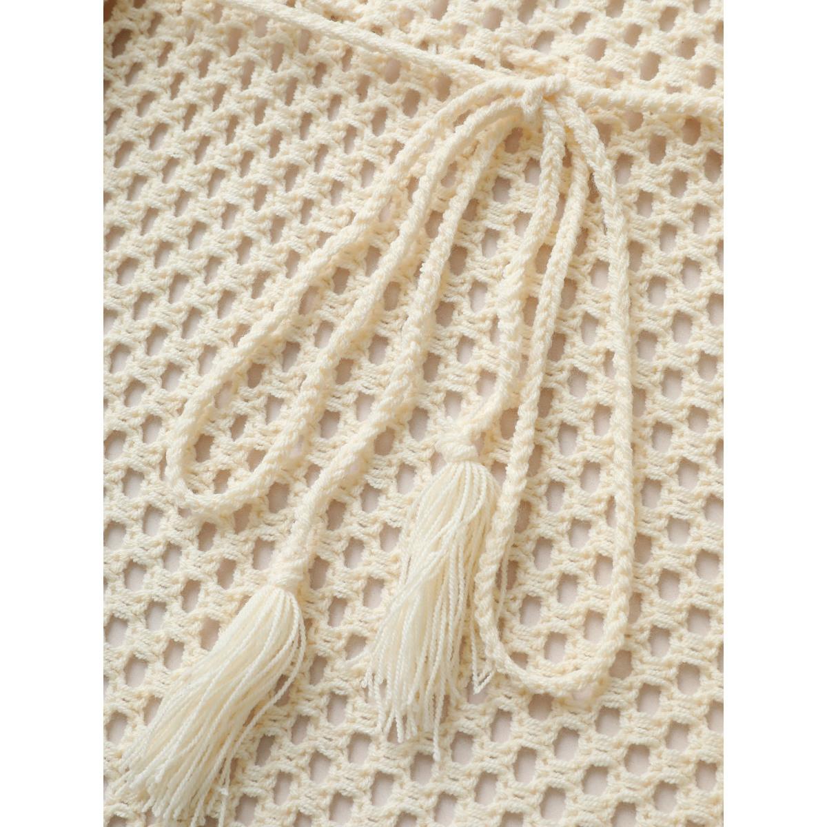 Plus Size Solid Cut Out Drawstring Tassel Trim Swim Cover Up Women's Swimwear Ivory Beach Tassels Curve Swim Cover Ups BloomChic 28/5X Product Image