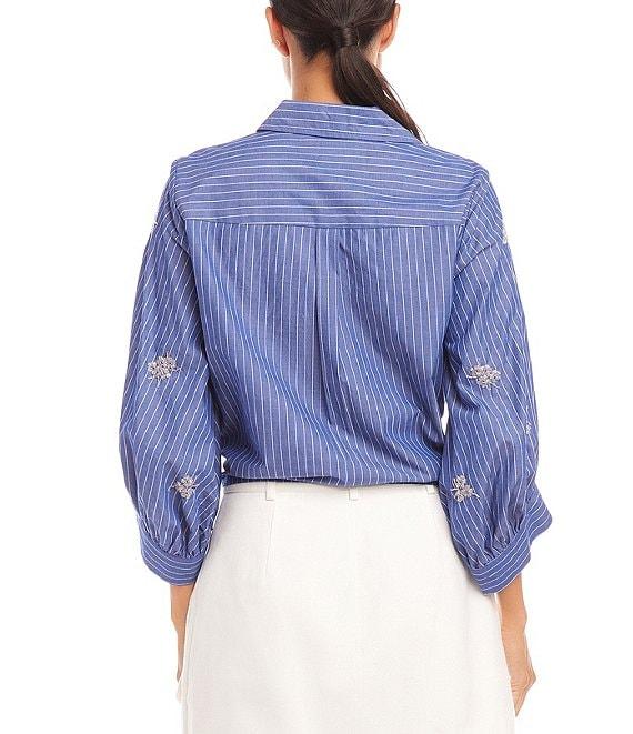 Karen Kane Floral Embroidered Pinstripe Point Collar 3/4 Blouson Sleeve Tie Front Top Product Image