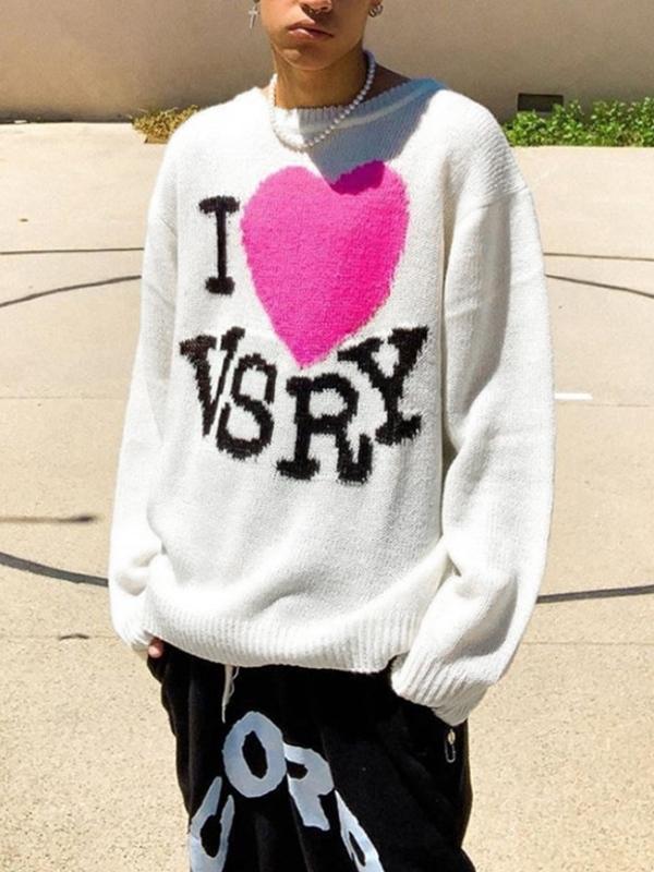 Men's Letter Heart Jacquard Crew Neck Knit Sweater Product Image