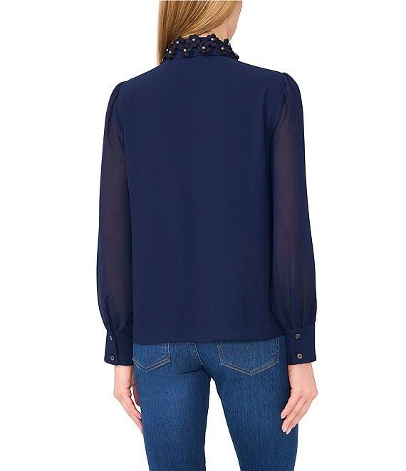 CeCe Georgette Floral 3D Applique Pointed Collar Long Sleeve Hidden Button Front Blouse Product Image