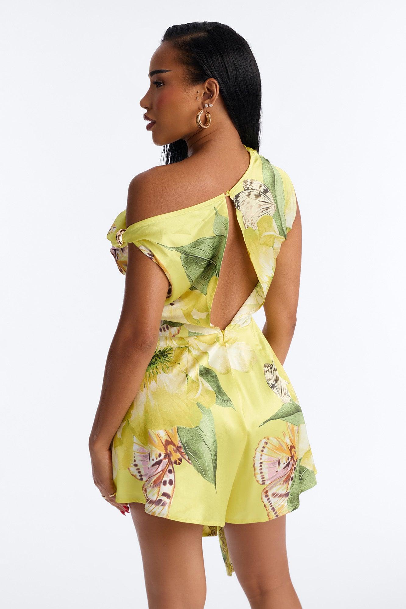 Priscilla Floral Off Shoulder Romper - Yellow Female Product Image