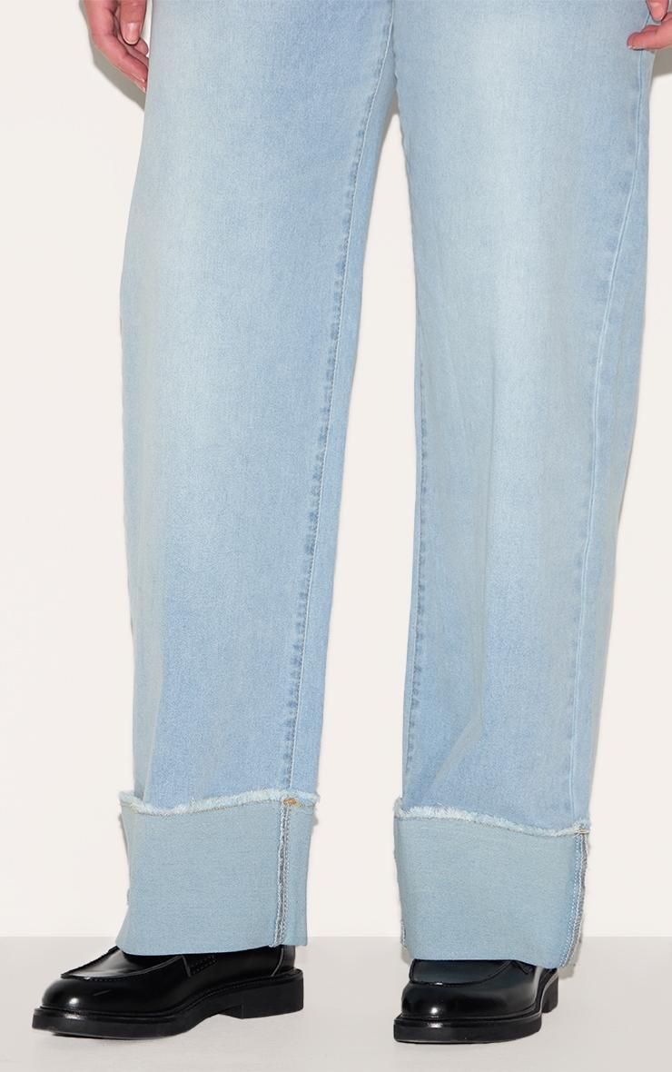 Shape Light Blue Stretch Denim Highwaisted Distressed Turn Up Hem Jeans Product Image