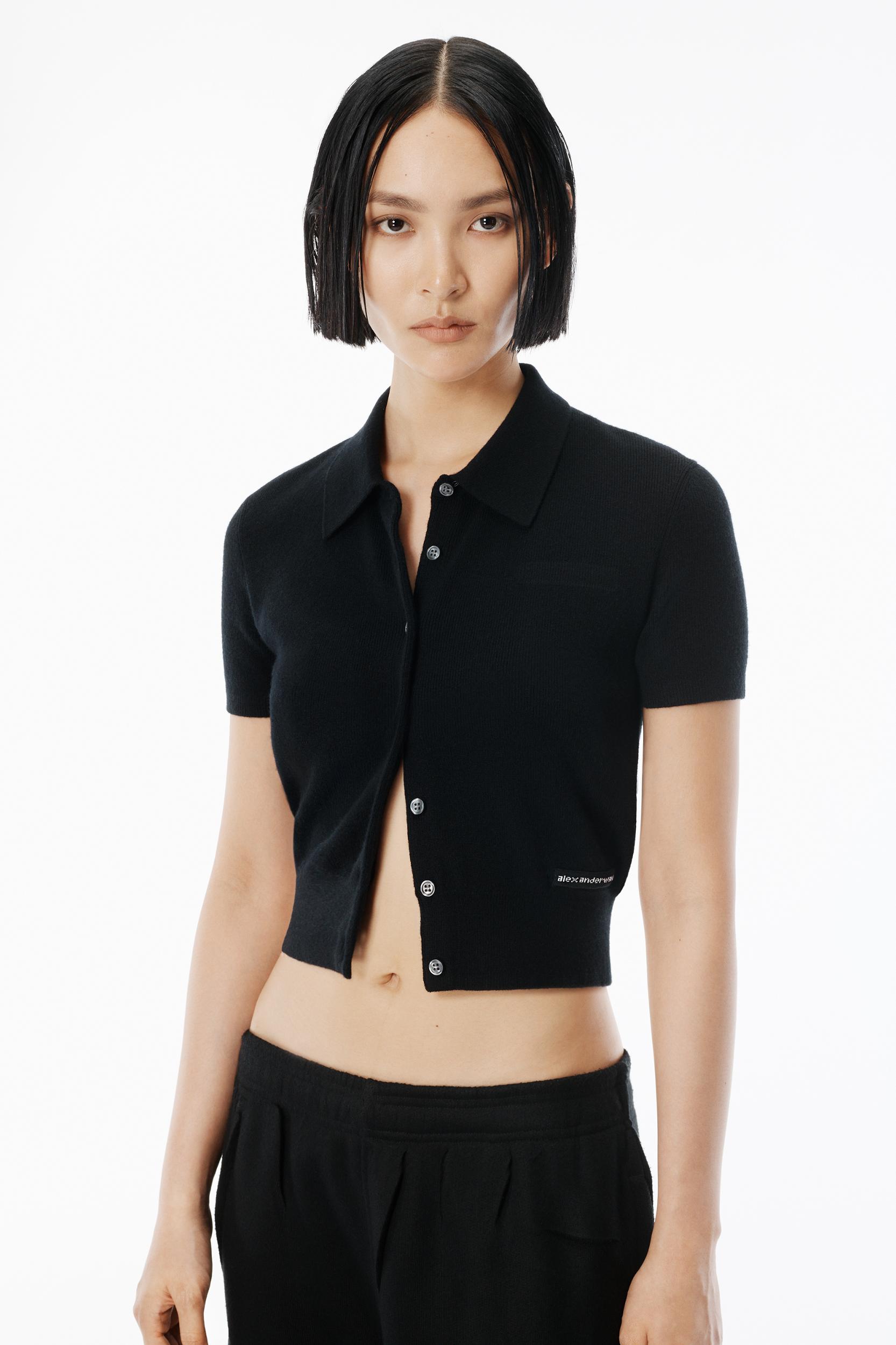 Black Wool Short Sleeve Polo Cardigan Product Image