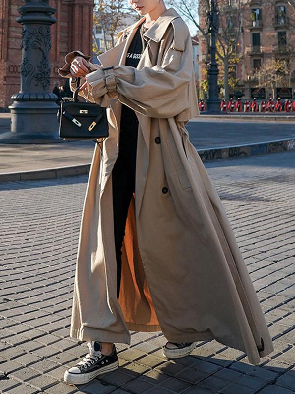 Long Sleeves Loose Buckle Buttoned Split-Back Tied Waist Lapel Outerwear Trench Coats Product Image