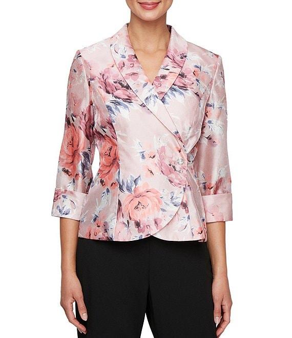 Alex Evenings Organza V Neck 3/4 Sleeve Floral Blouse Product Image