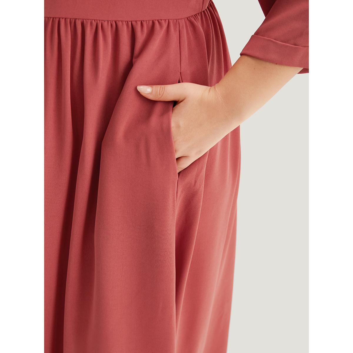 Plus Size Plain Pleated Gathered Wrap Pocket Dress OrangeRed Women Casual Gathered V-neck Elbow-length sleeve Curvy Midi Dress BloomChic 14-16/1X Product Image