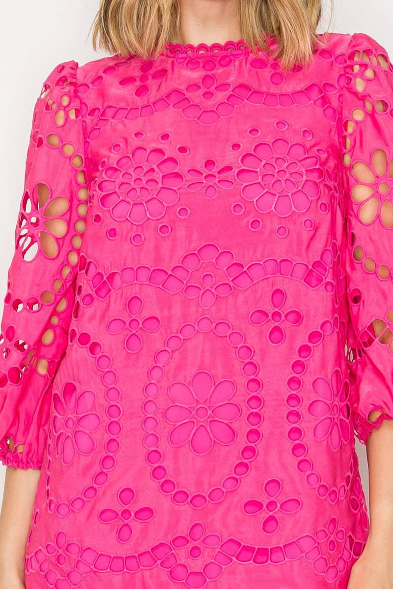 Dragonfruit Pink Daisy Eyelet Mini Dress Product Image