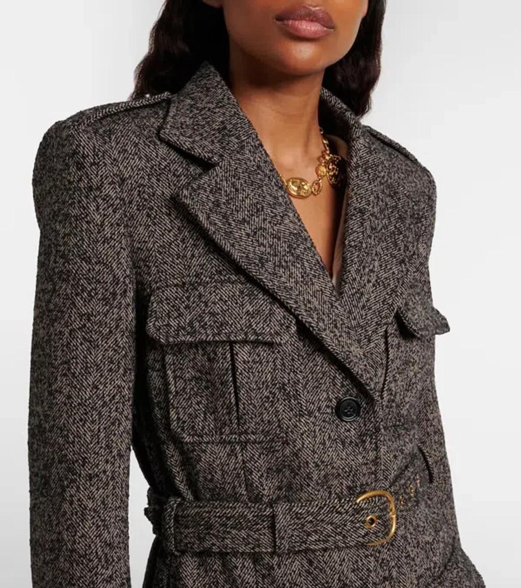 CHLOÉ Belted Herringbone Wool-blend Jacket In Brown Product Image