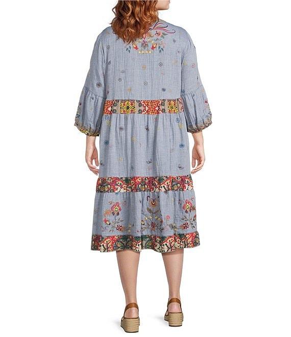 John Mark Plus Size Floral Embroidered Woven V-Neck 3/4 Sleeves Tiered Hem A-Line Midi Dress Product Image