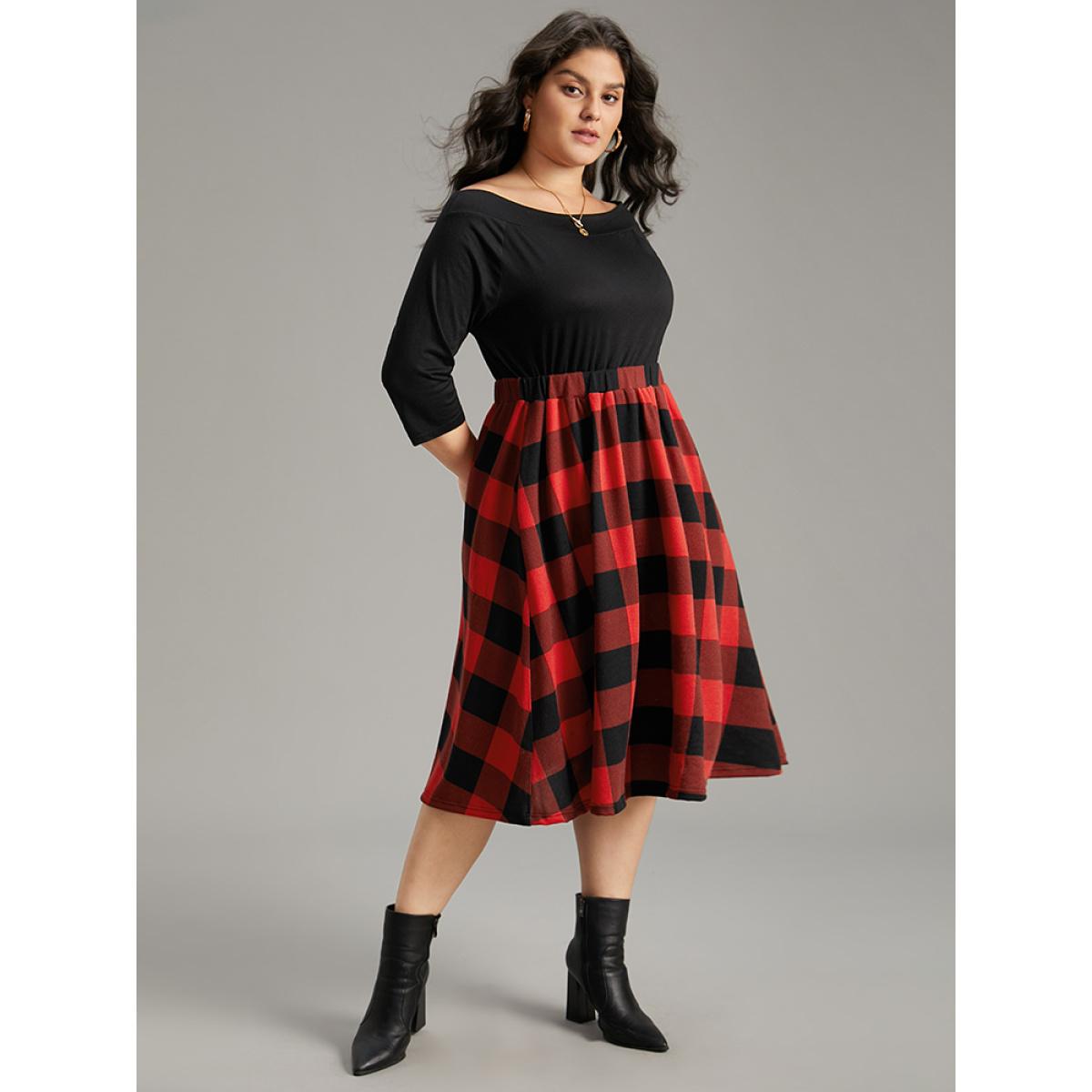 Plus Size Plaid Pocket Boat Neck Patchwork Dress Black Women Elegant Printed Boat Neck Elbow-length sleeve Curvy Midi Dress BloomChic 14-16/1X Product Image