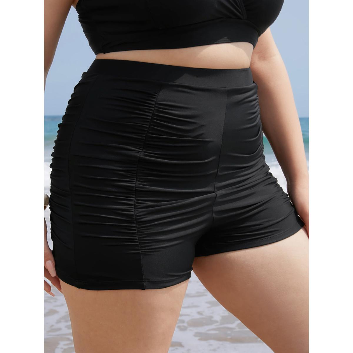 Plus Size Solid High Waist Ruched Detail Swim Shorts Women's Swimwear Black Beach Gathered High stretch Skinny High Rise Curve Swim Bottoms BloomChic 26/4X Product Image