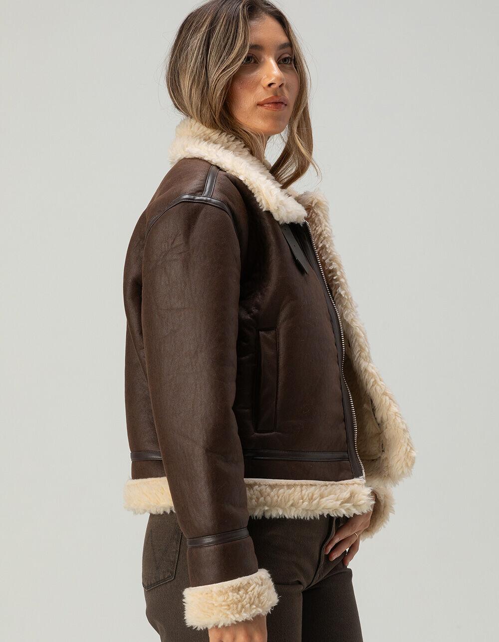 FULL TILT Womens Sherpa Moto Jacket - BROWN Product Image