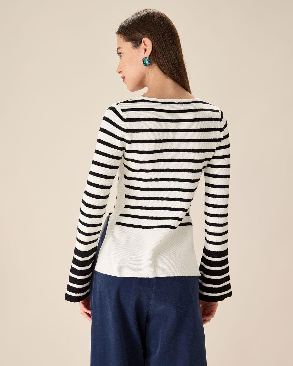 White Striped Boat Neck Sweater Product Image