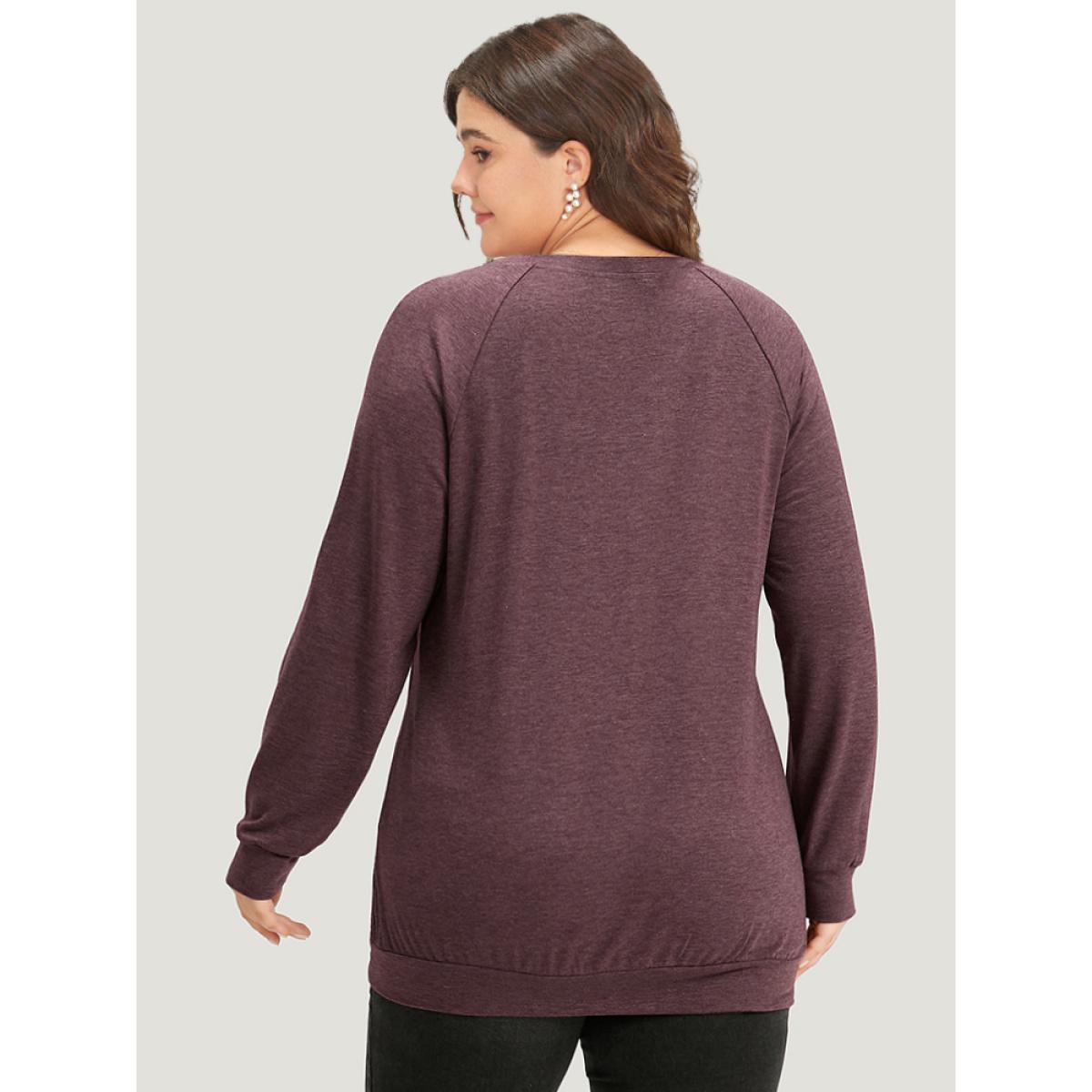 Plus Size Plain Heather Guipure Lace Raglan Sleeve Pocket Sweatshirt Women Eggplant Casual Heather Round Neck Dailywear Sweatshirts BloomChic 30/6X Product Image