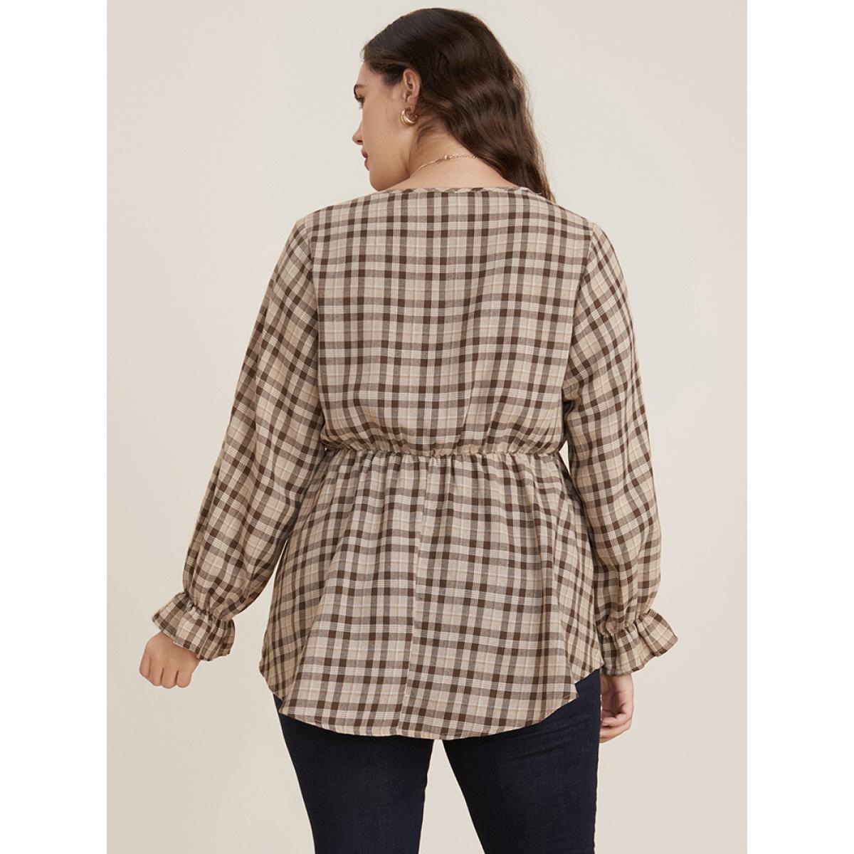 Plus Size LightBrown Plaid Lantern Sleeve Surplice Neck Blouse Women Elegant Long Sleeve V-neck Dailywear Blouses BloomChic 10/M Product Image
