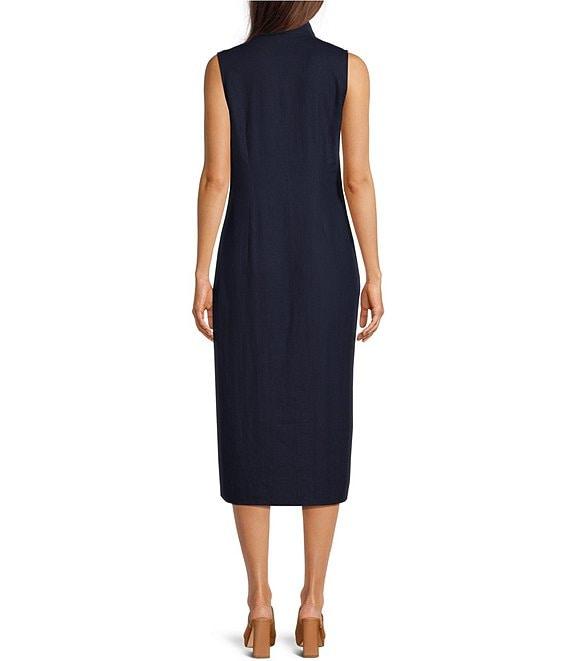 SAIL to SABLE Linen Blend Stand Collar Button Front Detail Sleeveless Side Slit Midi Shirt Dress Product Image