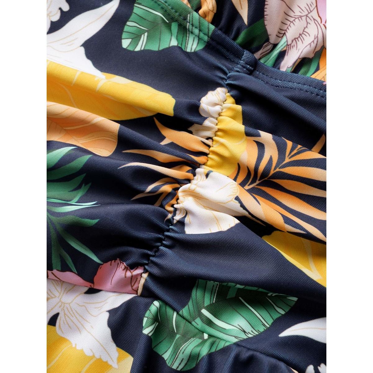 Plus Size Tropical Adjustable Straps Ruched Swim Dress Women's Swimwear Multicolor Beach Bodycon Overlap Collar High stretch Curve Swim Dresses BloomChic 28/5X Product Image