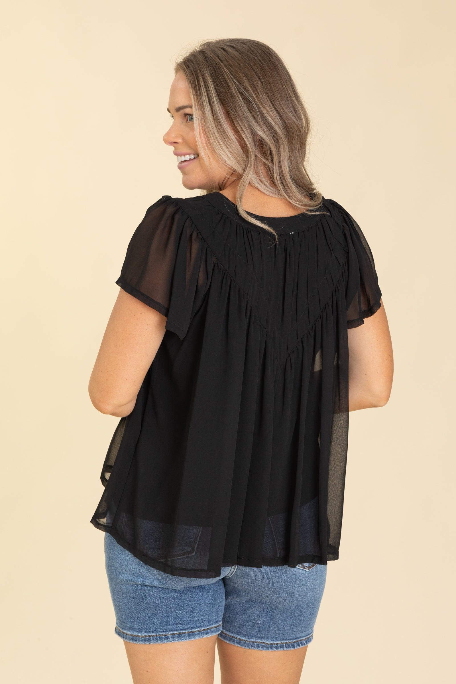 Black Solid Shirred Chiffon Woven Top Product Image