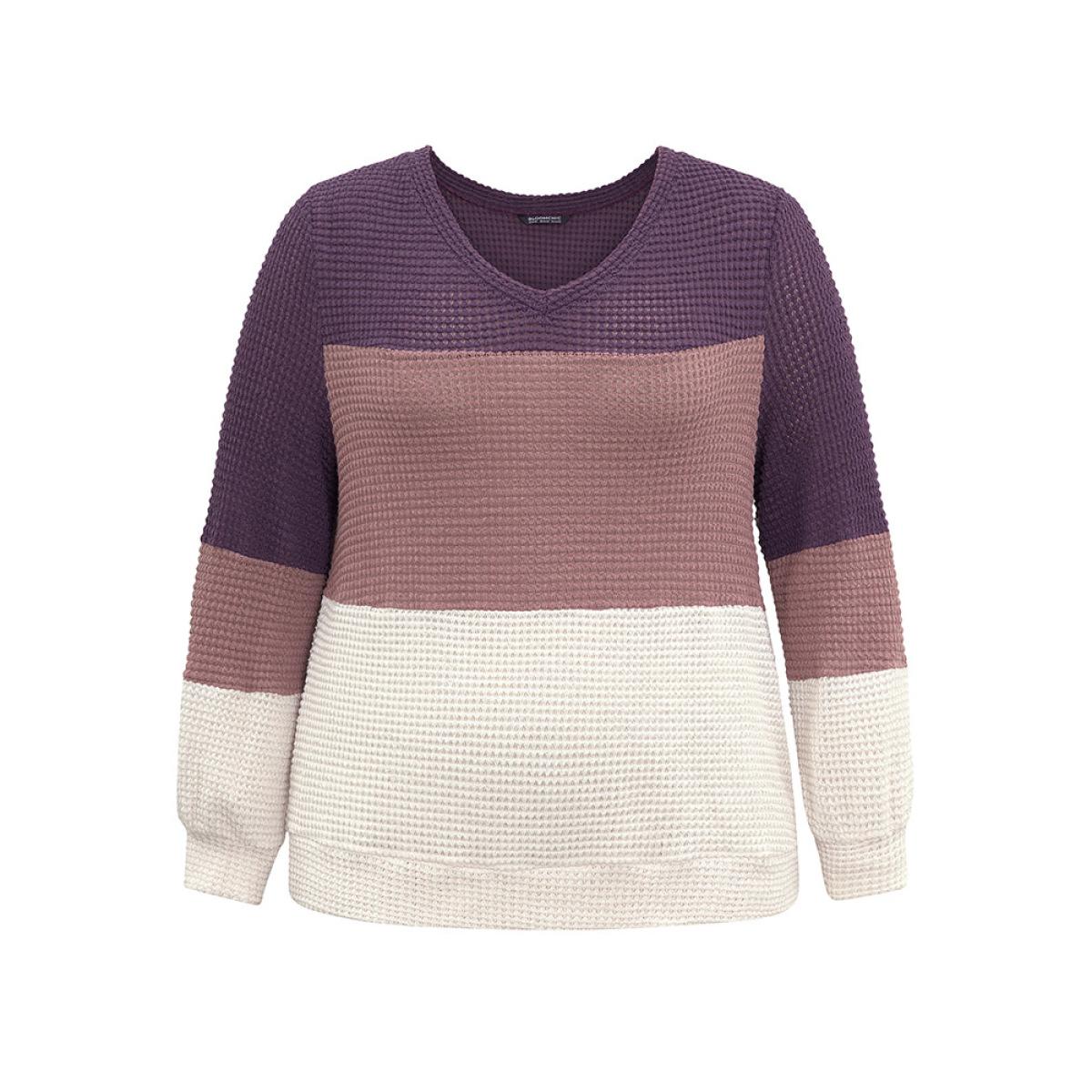 Plus Size Waffle Knit Colorblock Contrast V Neck T-shirt Multicolor Women Casual Waffle Knit Plain V-neck Dailywear T-shirts BloomChic 26/4X Product Image