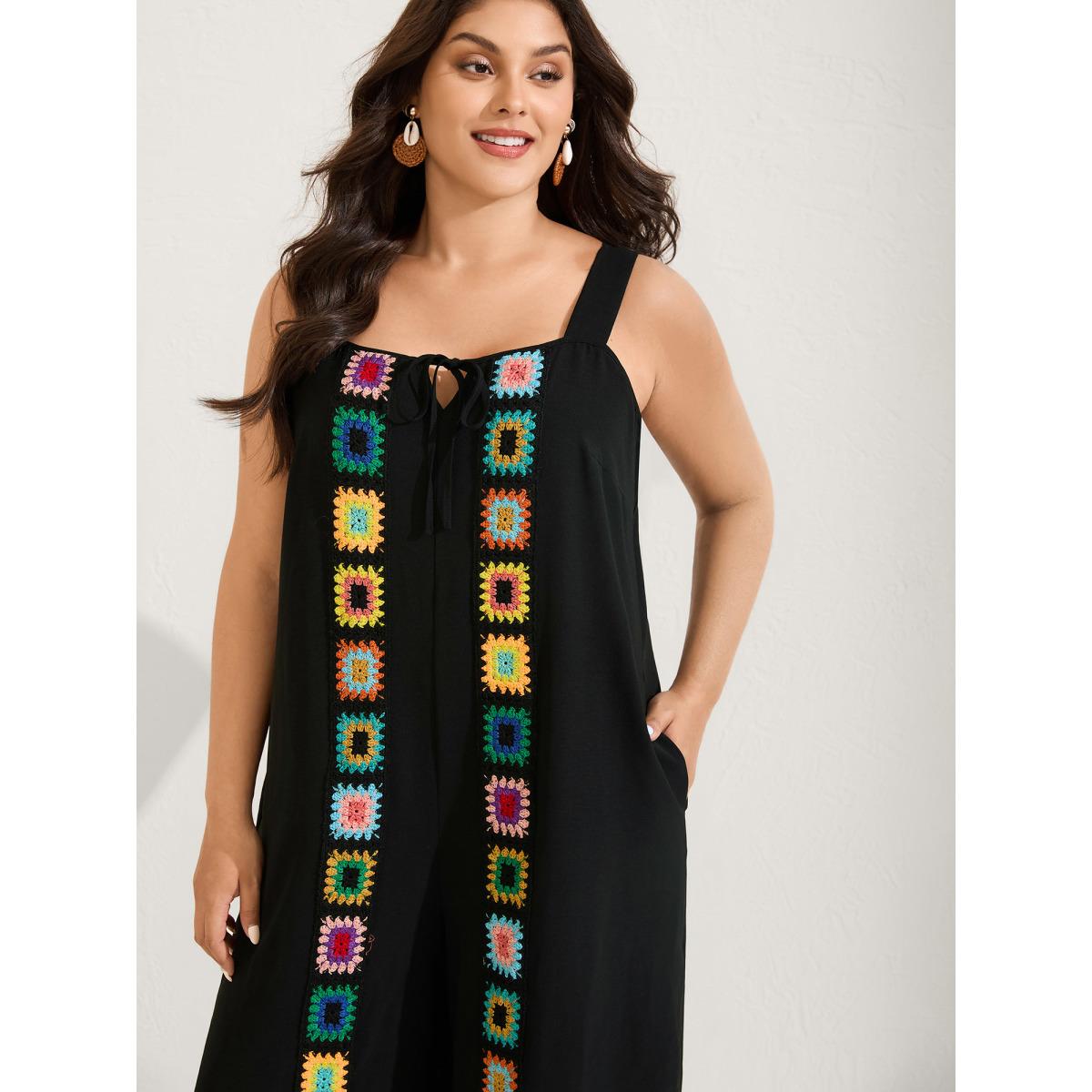 Plus Size Black Crochet Floral Backless Neck Cut-Out Jumpsuit Women Boho Sleeveless V-neck Vacation Loose Jumpsuits BloomChic 30/6X Product Image