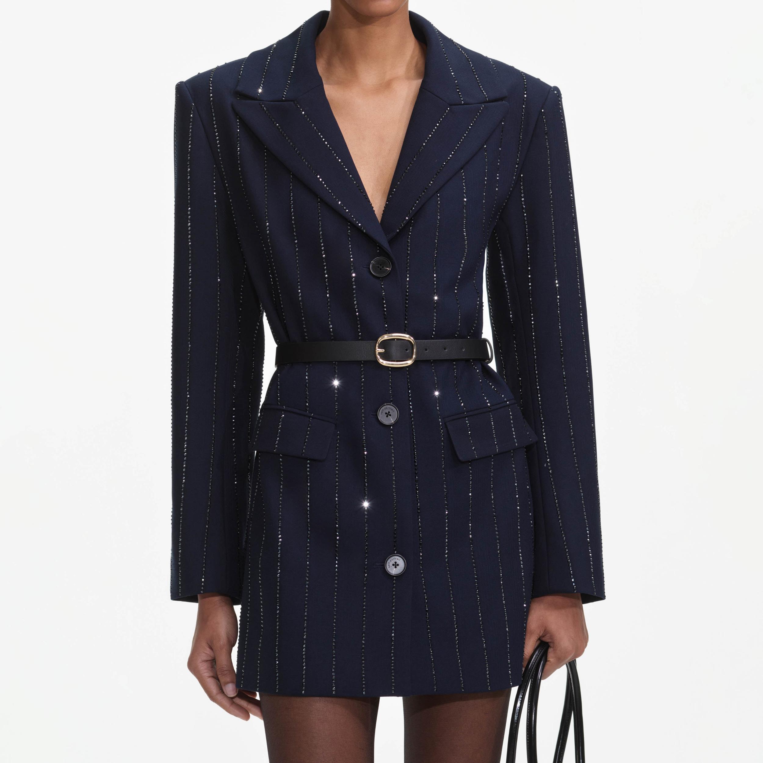 Navy Rhinestone Pinstripe Blazer Product Image
