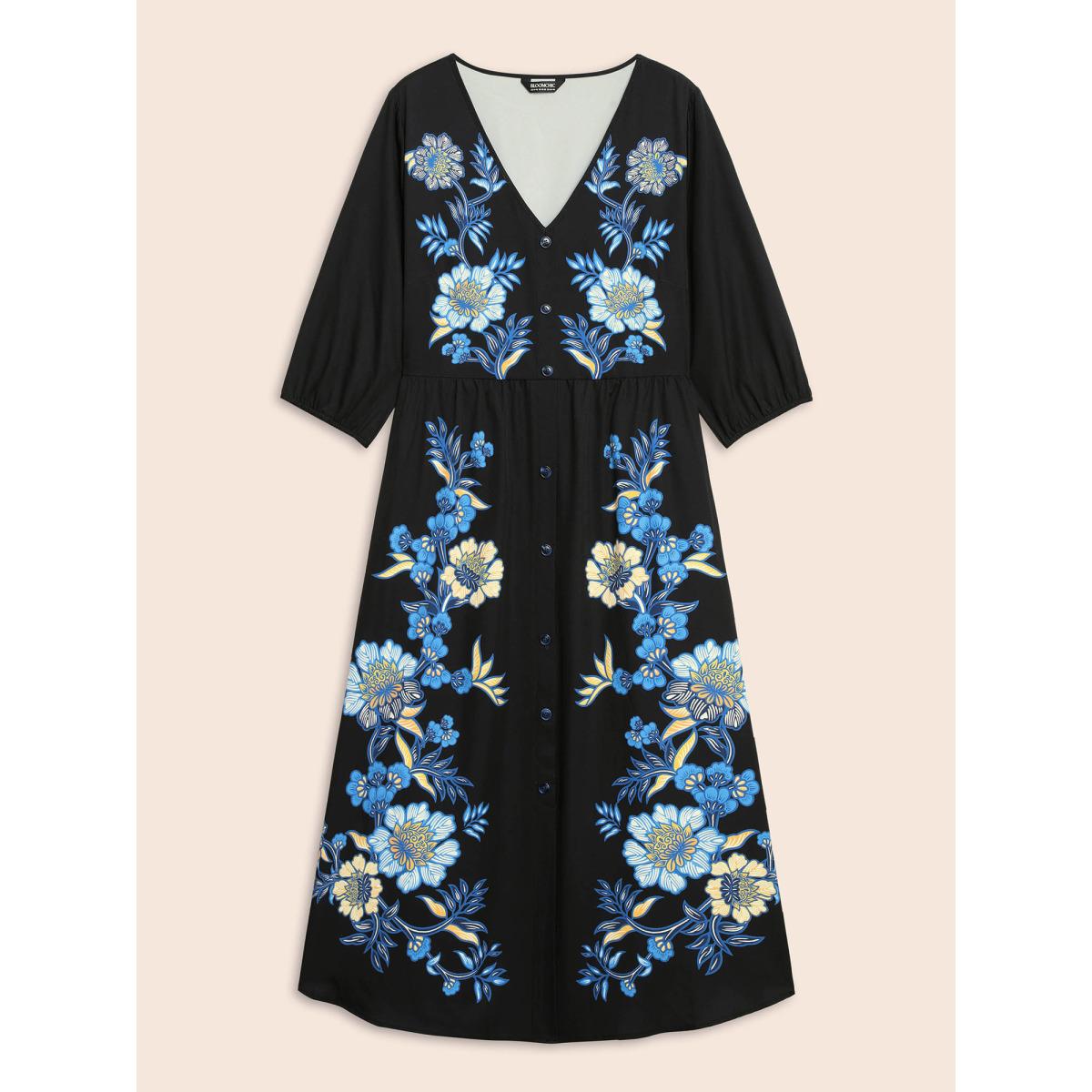 Plus Size Boho Print Lantern Sleeve Midi Dress BlackFlower Women Elegant Button V-neck Elbow-length sleeve Curvy BloomChic 22-24/3X Product Image