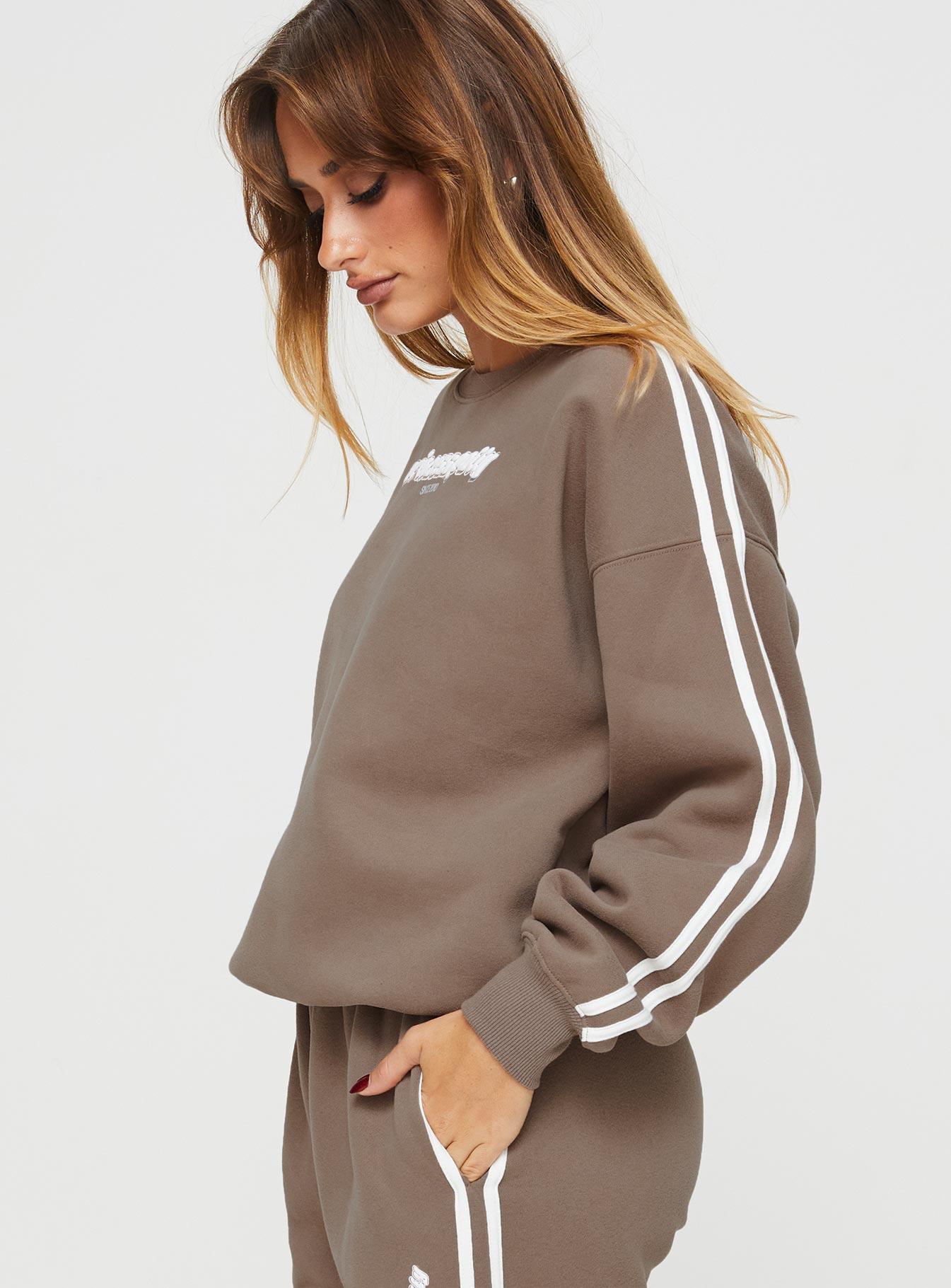 Princess Polly Crew Neck Sweatshirt Stripe Taupe / White Product Image