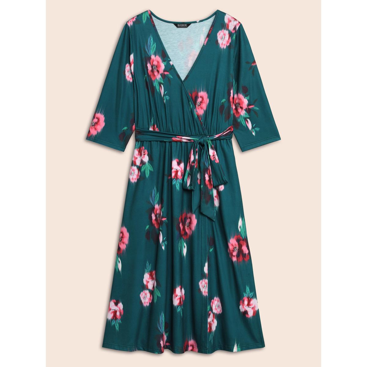 Plus Size Overlap Collar Floral Midi Dress Emerald Women Elegant Belted Overlap Collar Elbow-length sleeve Curvy BloomChic 26/4X Product Image