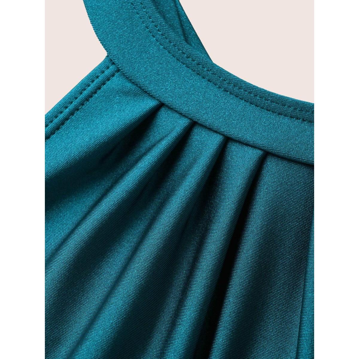 Plus Size Halter Back Crisscross Pleated Swim Dress Women's Swimwear Cyan Beach Bodycon Halter neck High stretch Curve Swim Dresses BloomChic 22-24/3X Product Image