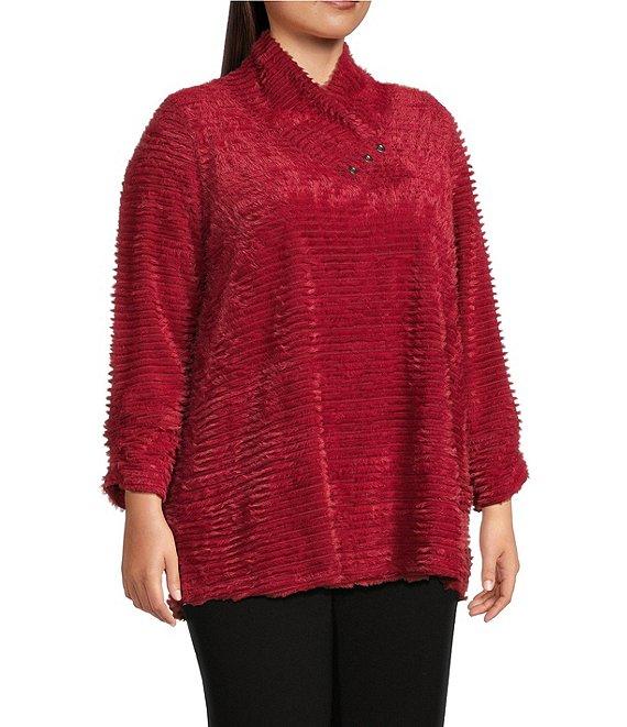 Multiples Plus Size Soft Textured Striped Plush Rib Knit Wrap Collar 3/4 Bungee Sleeve Top Product Image
