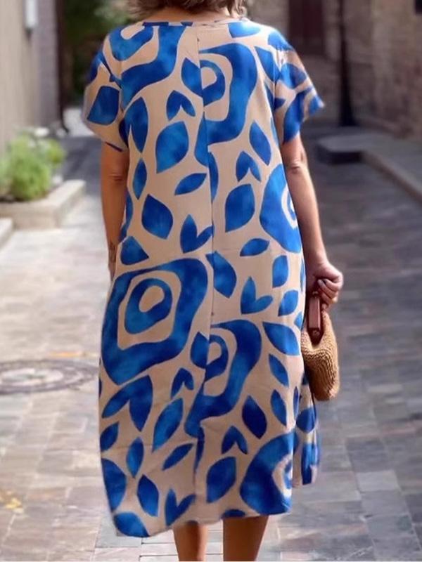 Loose Plus Size Floral Printed Split-Joint Round-Neck Midi Dresses Product Image