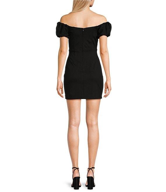 Pear Culture Off-The-Shoulder Puff Sleeve Ruched Side Slit Mini Dress Product Image