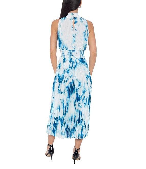 Marina Tie Dye Pleated Mock Neck Sleeveless A-Line Midi Dress Product Image
