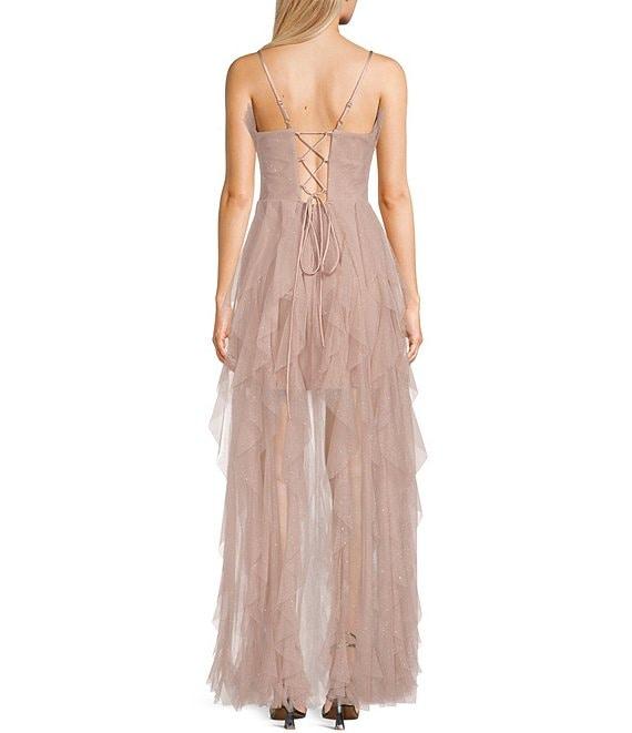 Pear Culture Spaghetti Strap Square Neck Glitter Corkscrew Ruffled Dress Product Image