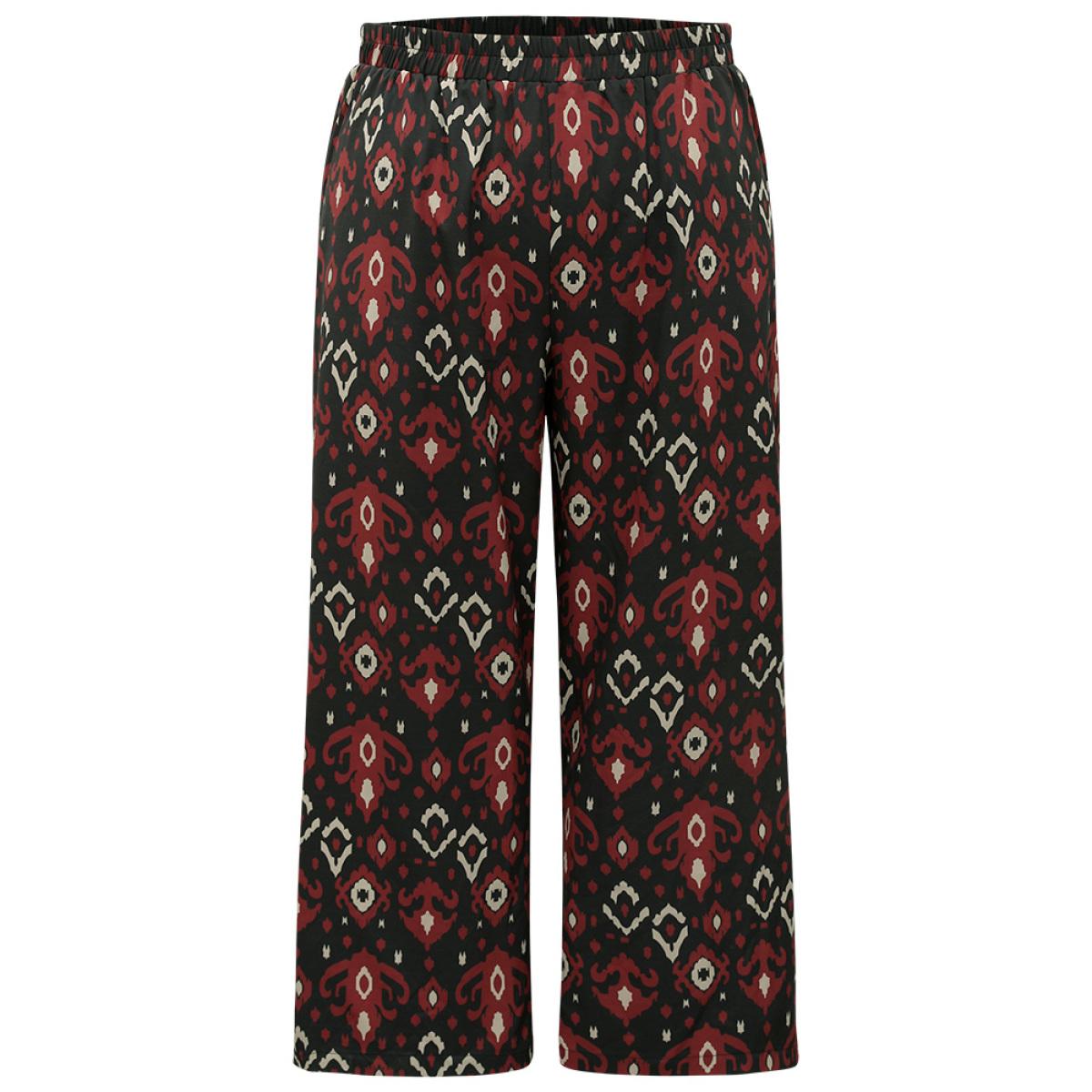 Plus Size Moroccan Print Elastic Waist Wide Leg Pants Women Black Vacation Wide Leg High Rise Dailywear Pants BloomChic 30/6X Product Image