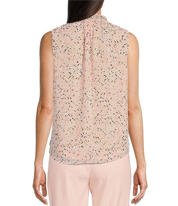 Anne Klein Printed Ruffle Mock Neck Sleeveless Tie Front Tulla Blouse Product Image