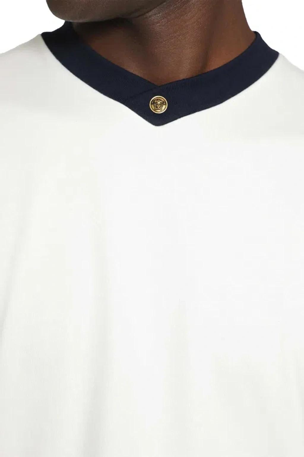 VERSACE Stretch Cotton V Neck Slim Fit T Shirt In White Product Image