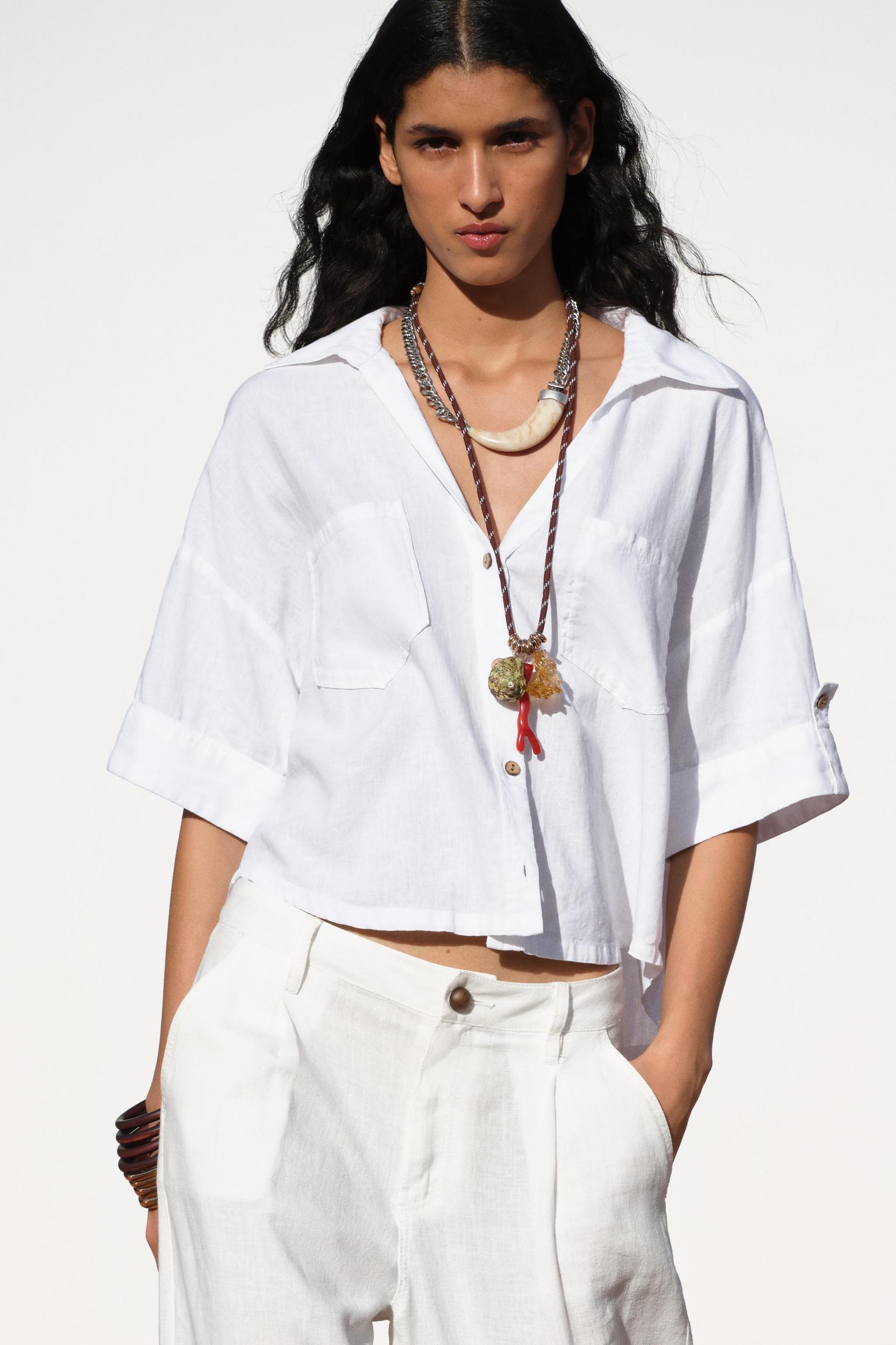 LINEN BLEND CROPPED SHIRT Product Image