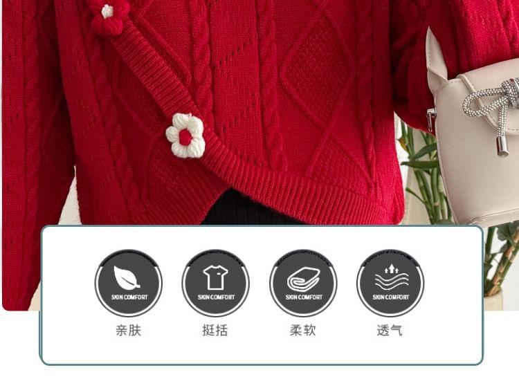 Maternity Long-Sleeve Crew Neck Asymmetrical Floral Accent Cable Knit Crop Top / Sleeveless Square Neck Plain Midi A-Line Dress Product Image