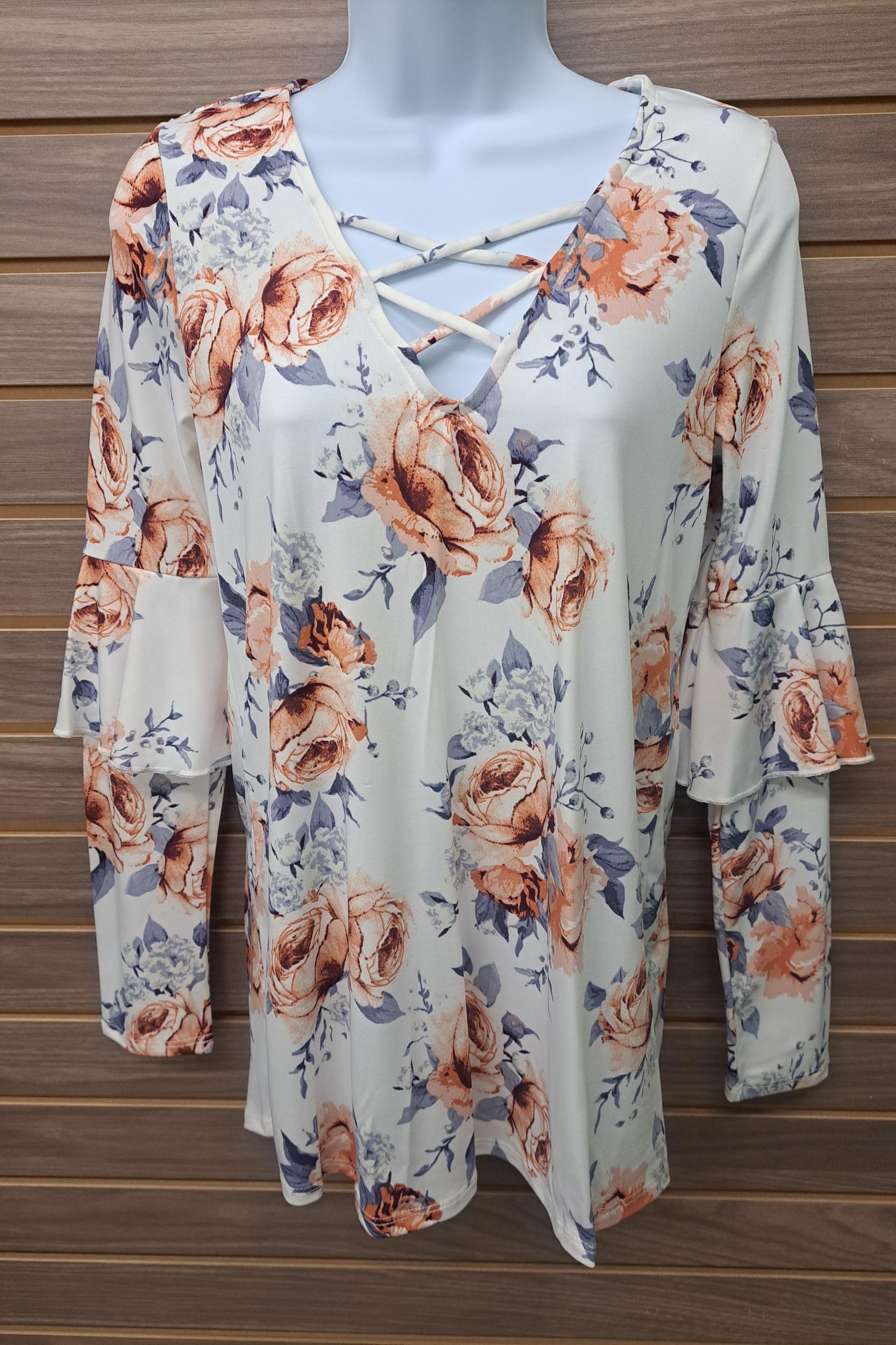 Floral cage front ruffle long sleeve Product Image