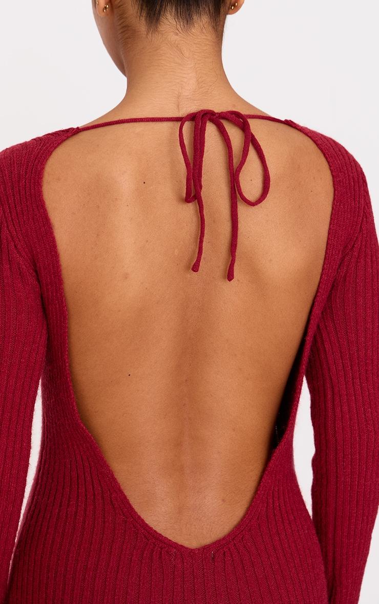 Burgundy Rib Knit Low Back Long Sleeve Maxi Dress Product Image