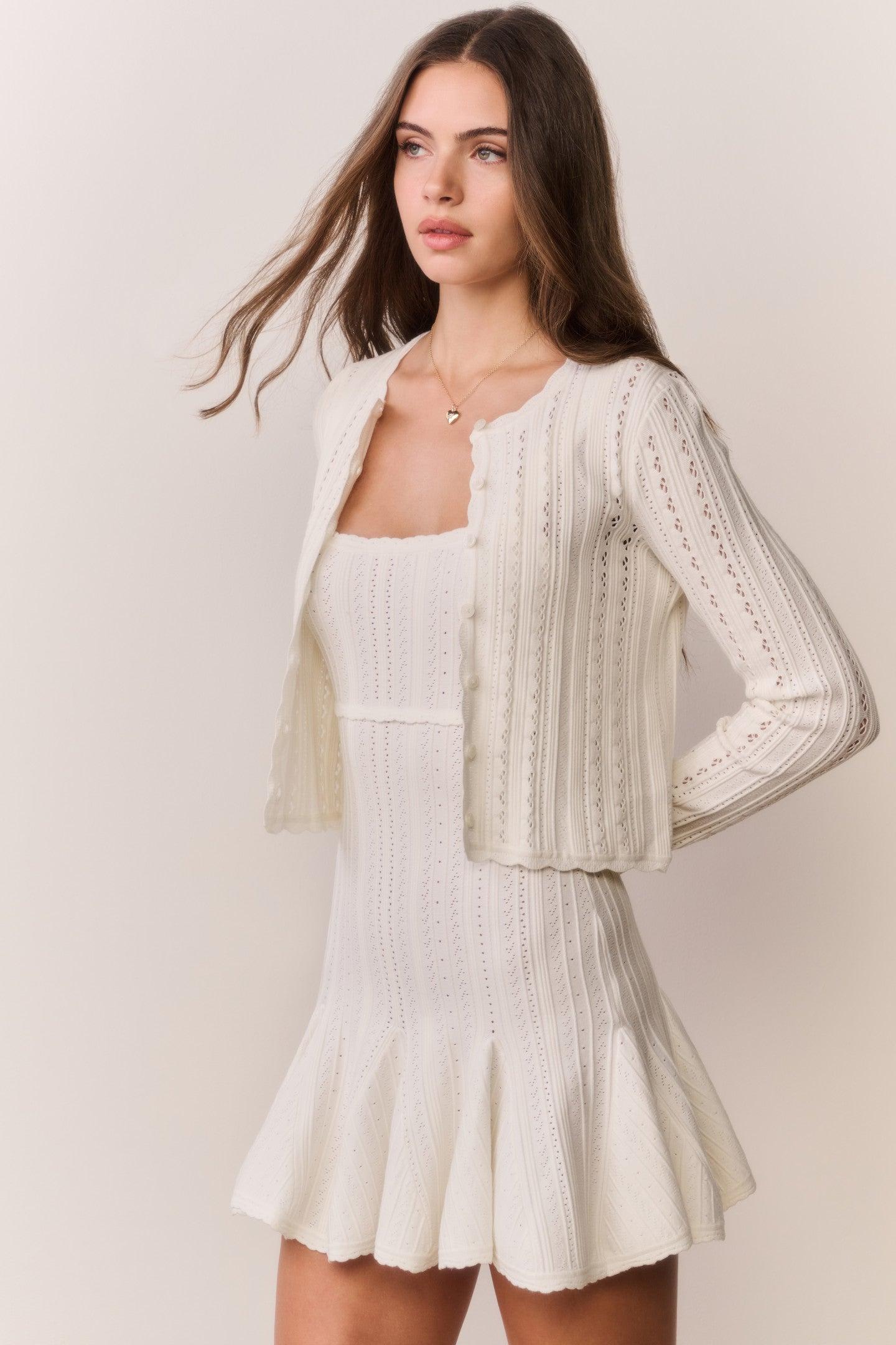 Peridot Stretch Pointelle Cardigan - WHITE TEA Product Image