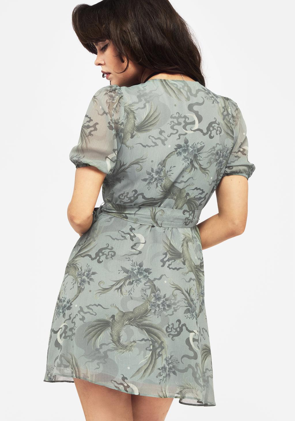 Sapphira Dragon Print Chiffon Mini Wrap Dress Product Image