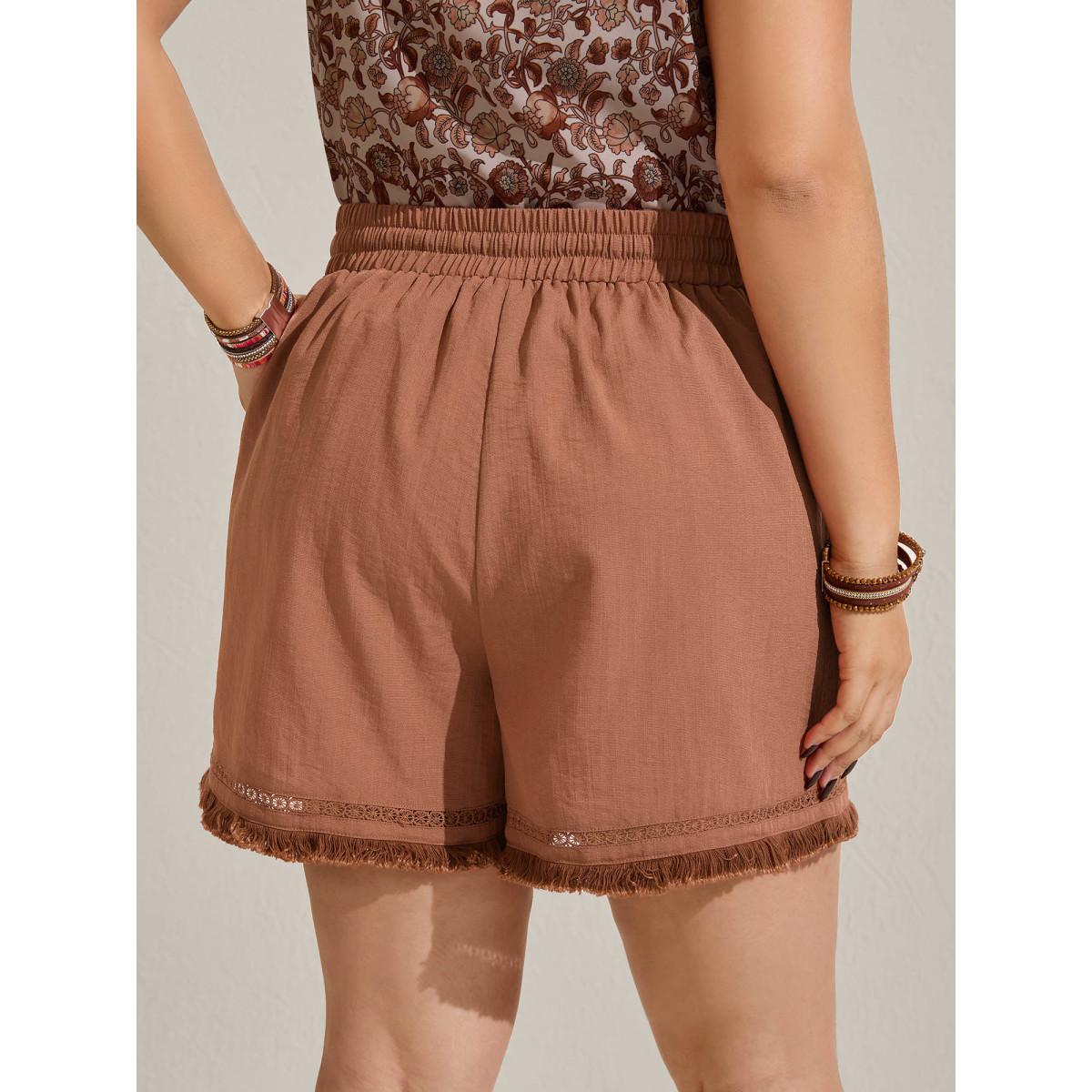 Plus Size Tassel Hem Solid Shorts Women Rust Resort Tassels Wide Leg Vacation Shorts BloomChic 30/6X Product Image