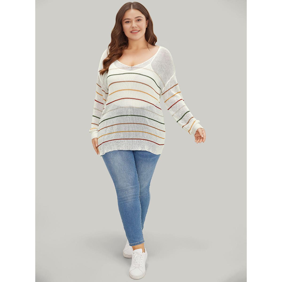 Plus Size Rainbow Striped Mesh Lightweight Pullover Multicolor Women Casual Loose Long Sleeve Open Front Everyday Pullovers BloomChic 28/5X Product Image