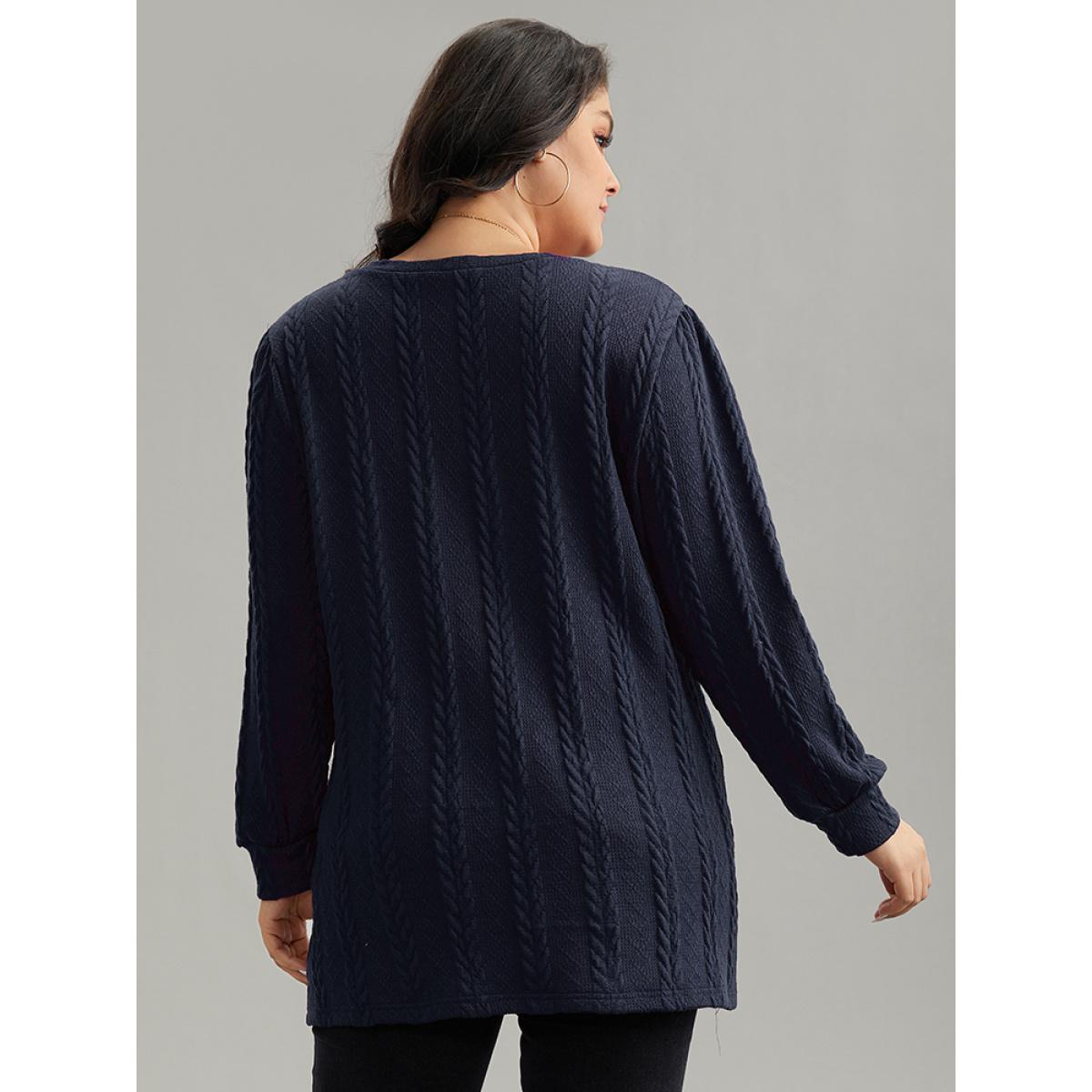 Plus Size Plain Cable Knit Elastic Cuffs Sweatshirt Women Indigo Casual Texture V-neck Dailywear Sweatshirts BloomChic 12/L Product Image