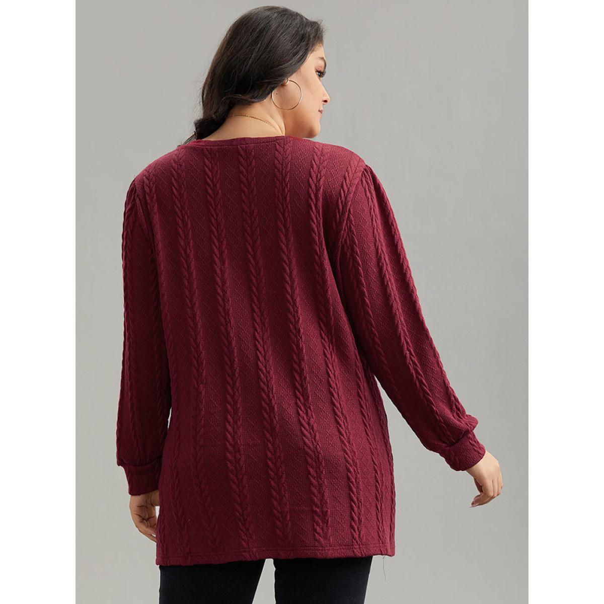 Plus Size Plain Cable Knit Elastic Cuffs Sweatshirt Women Raspberry Casual Texture V-neck Dailywear Sweatshirts BloomChic 30/6X Product Image